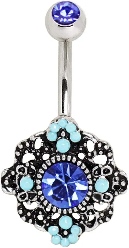 316L Stainless Steel Ornate Blue Flower Navel Ring 14GA