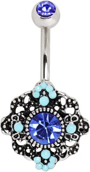 316L Stainless Steel Ornate Blue Flower Navel Ring 14GA