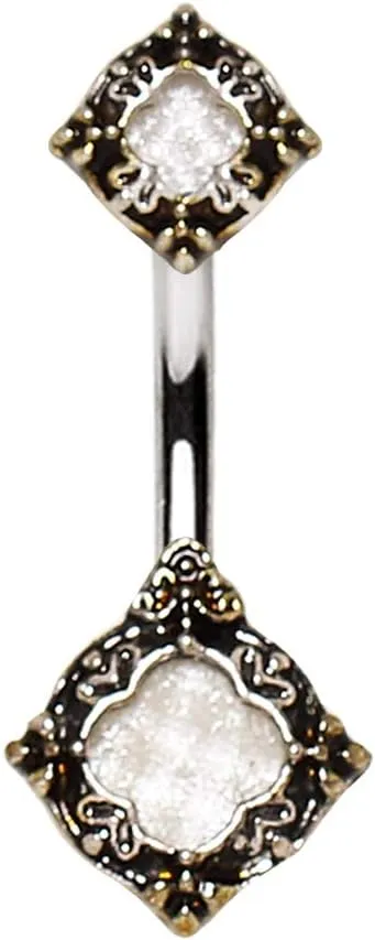 316L Stainless Steel Ornate Metallic Gem Navel Ring 14GA