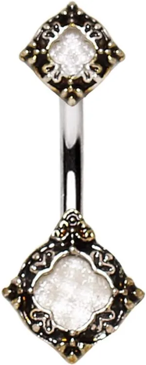316L Stainless Steel Ornate Metallic Gem Navel Ring 14GA