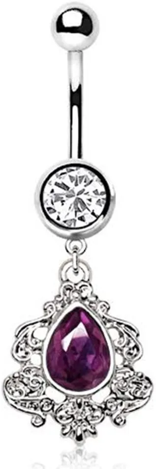 316L Stainless Steel Ornate Victorian Purple Tear Drop Dangle WildKlass Navel Ring