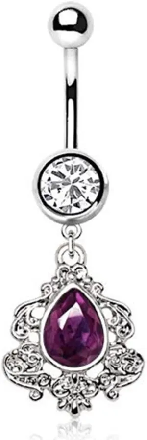 316L Stainless Steel Ornate Victorian Purple Tear Drop Dangle WildKlass Navel Ring