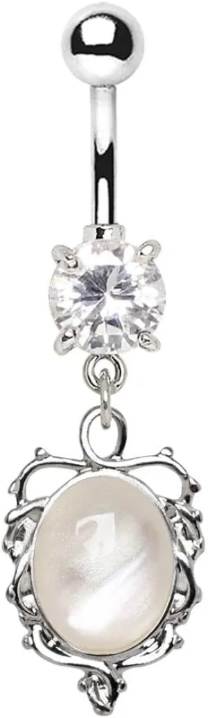 316L Stainless Steel Ornate White Cat's Eye Dangle WildKlass Navel Ring