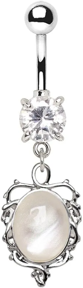 316L Stainless Steel Ornate White Cat's Eye Dangle WildKlass Navel Ring