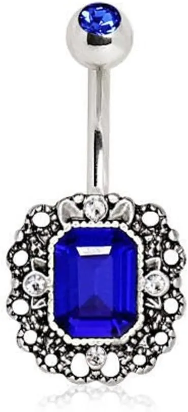 316L Stainless Steel Radiant Cut Sapphire Blue CZ Ornate WildKlass Navel Ring