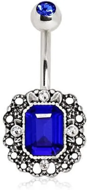 316L Stainless Steel Radiant Cut Sapphire Blue CZ Ornate WildKlass Navel Ring