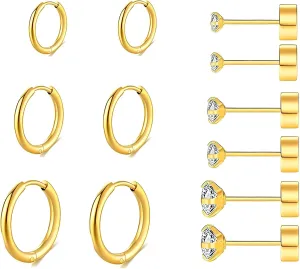 316L Surgical Stainless Steel Gold Hoop Earrings Flat Back Stud Earrings Set Huggie Hypoallergenic Earrings Hoop Cartilage Helix Lobes Hinged Sleeper Earrings For Men Women