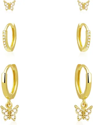 3Pairs Gold Earrings Set for Women, 14k Gold Plated Hoop Earrings Stacks Dainty Moon Star Butterfly Pearl Stud Cute Cartilage Stud