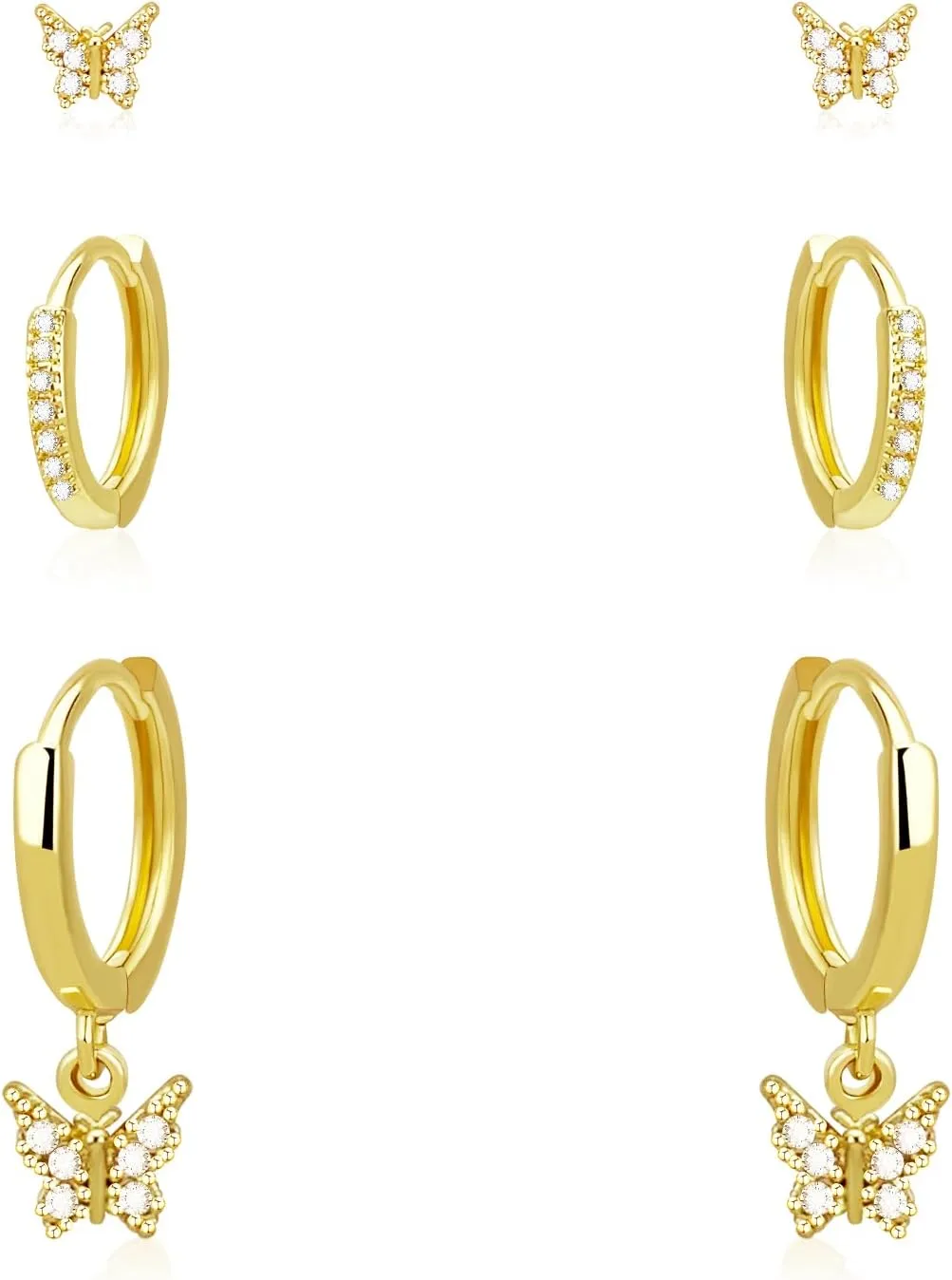3Pairs Gold Earrings Set for Women, 14k Gold Plated Hoop Earrings Stacks Dainty Moon Star Butterfly Pearl Stud Cute Cartilage Stud
