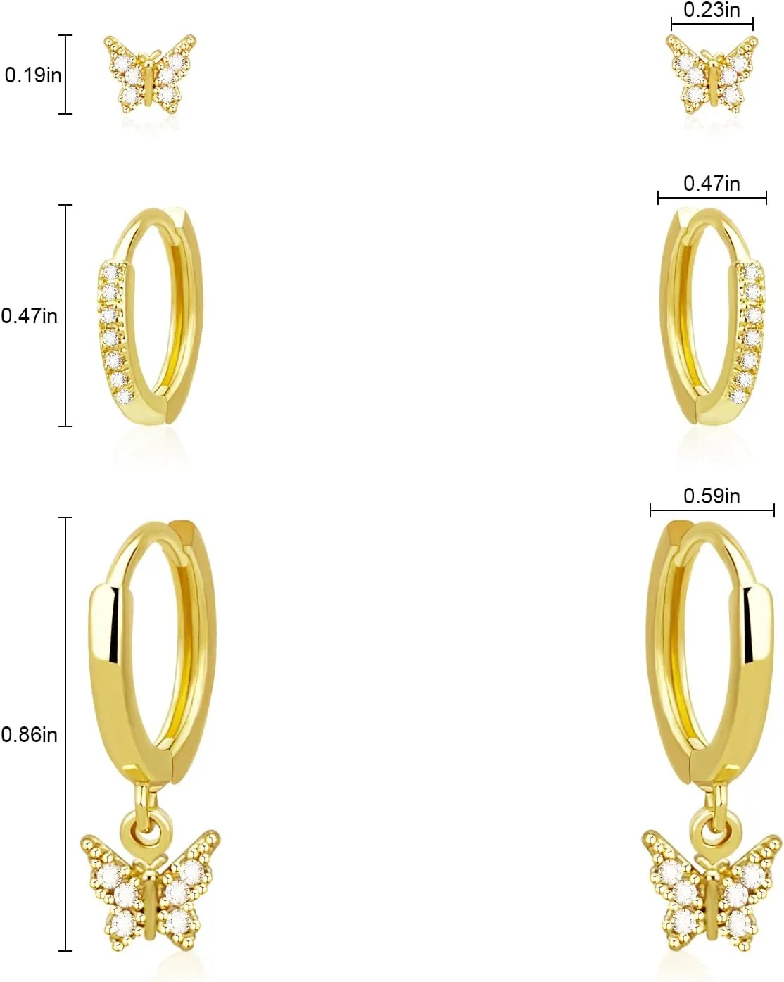 3Pairs Gold Earrings Set for Women, 14k Gold Plated Hoop Earrings Stacks Dainty Moon Star Butterfly Pearl Stud Cute Cartilage Stud