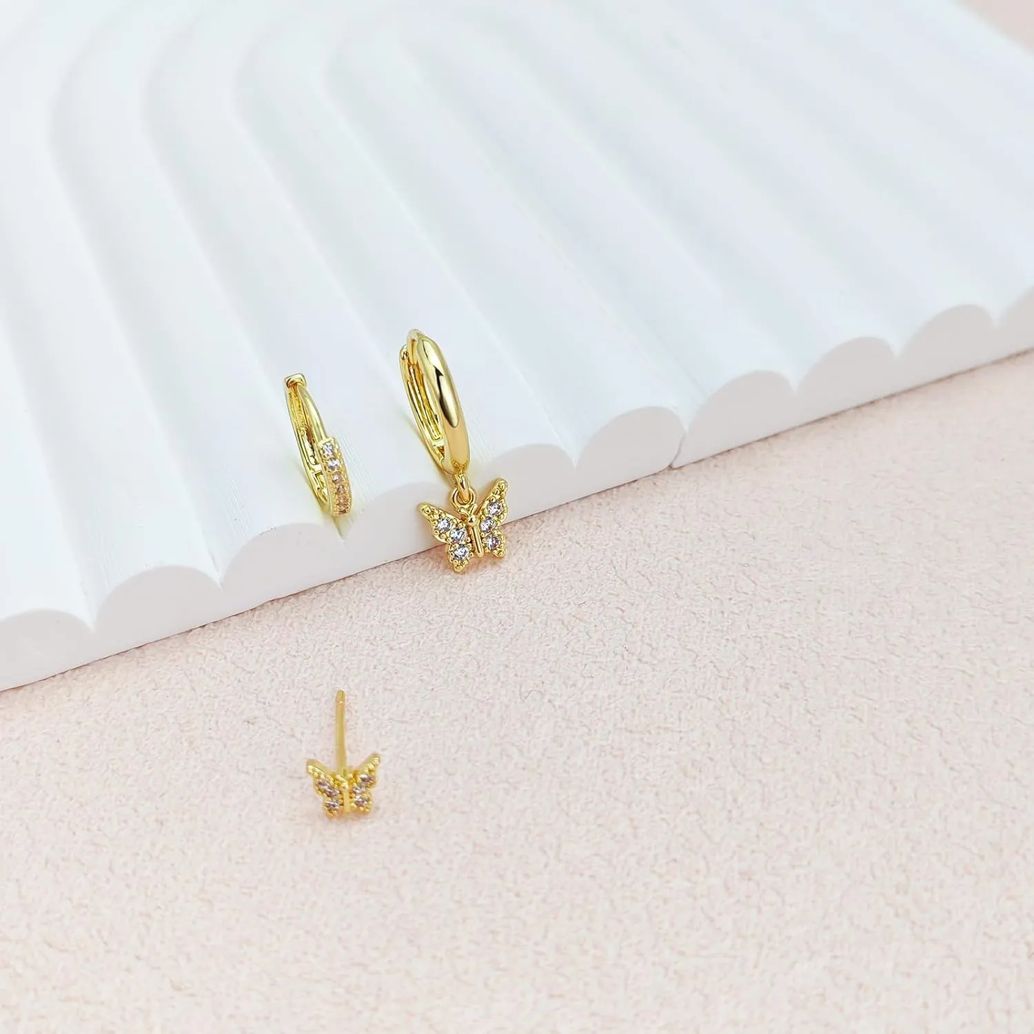 3Pairs Gold Earrings Set for Women, 14k Gold Plated Hoop Earrings Stacks Dainty Moon Star Butterfly Pearl Stud Cute Cartilage Stud