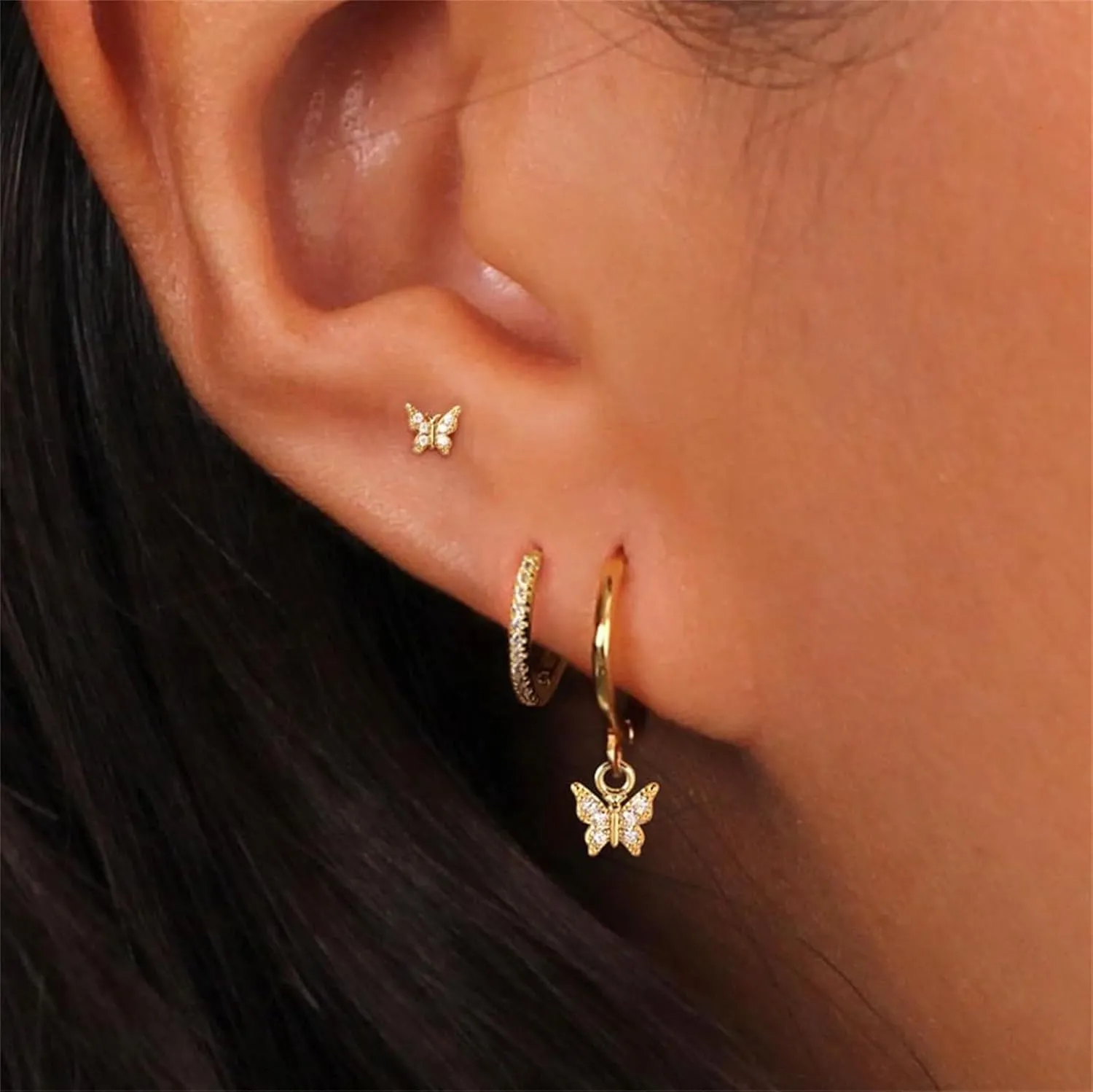 3Pairs Gold Earrings Set for Women, 14k Gold Plated Hoop Earrings Stacks Dainty Moon Star Butterfly Pearl Stud Cute Cartilage Stud