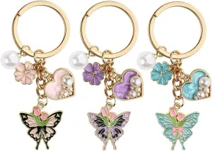 3pcs Butterfly Keychains for Women,Cute Keychains Bag Charm Gold Keyring,Heart Key Chain Aesthetic Keychain Charm,Pearl Flower Keychain Charms for Purse Bag Backpack Handbags Pendant Decor