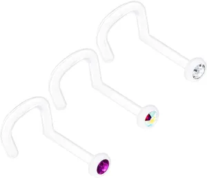 3PCS Flexible Acrylic Nose Screw 18 Gauge 7mm Clear Aurora Borealis Crystal Nostril Stud Ring Piercing - See More Colors