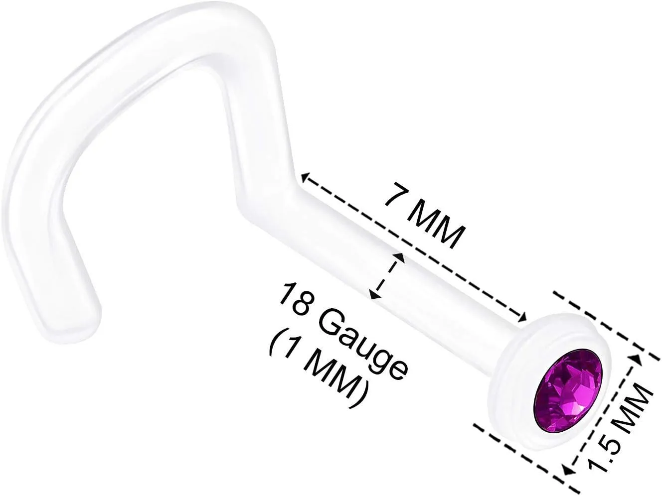 3PCS Flexible Acrylic Nose Screw 18 Gauge 7mm Clear Aurora Borealis Crystal Nostril Stud Ring Piercing - See More Colors