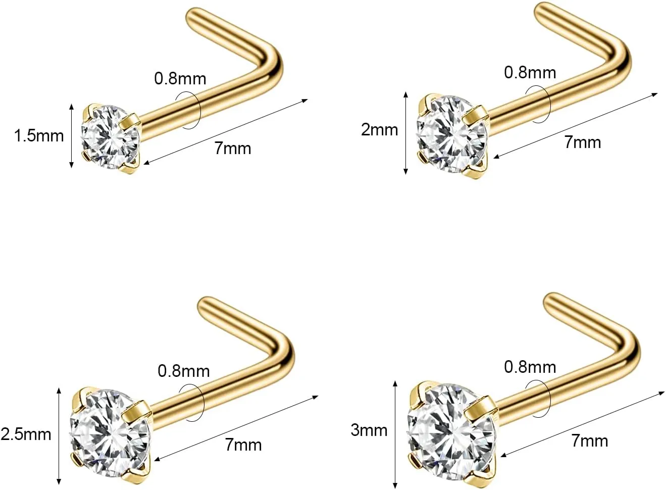 4-6pcs 20g Nose Rings Studs Surgical Steel Nose Rings CZ L Shaped Corkscrew Nose Ring Studs for Women Men Small Cute Silver Rose Gold Black Nose Rings Stud 1.5mm 2mm 2.5mm 3mm Nostril Piercing jewelry