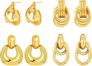 4 Pairs 14K Gold Plated Dangle Earrings for Women Knot Teardrop Chunky Gold Statement Drop Earrings for Women Trendy Jewelry Gifts