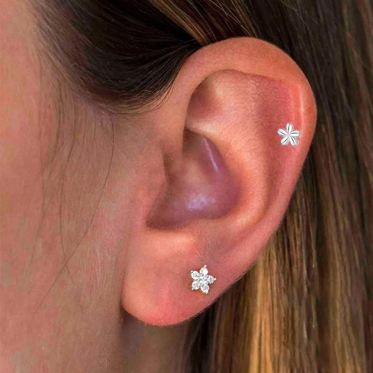 4 Pairs CZ Flower Stud Earrings for Women Mini Floral Screw Back Earring Cubic Zirconia Studs Sleeper Tragus Piercing Ear Cute Jewelry Gifts