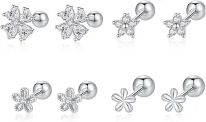 4 Pairs CZ Flower Stud Earrings for Women Mini Floral Screw Back Earring Cubic Zirconia Studs Sleeper Tragus Piercing Ear Cute Jewelry Gifts