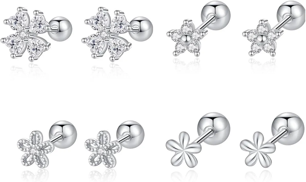 4 Pairs CZ Flower Stud Earrings for Women Mini Floral Screw Back Earring Cubic Zirconia Studs Sleeper Tragus Piercing Ear Cute Jewelry Gifts