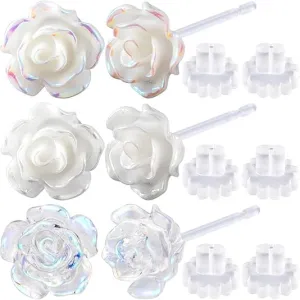 4 pairs Rose Shape Plastic Stud Earrings, Hypoallergenic Flower Earrings for Women, Mini Colorful Rose Stud Earrings with Rubber Backs, Creative Earrings for Women Gifts