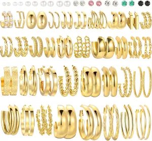 46 Pairs Gold Hoop Earrings Set for Women, Fashion Hypoallergenic Chunky Twisted Pearl Stud Earrings Multipack, Small Big Hoops Earring Packs Trendy for Christmas Birthday Party Jewelry Gift