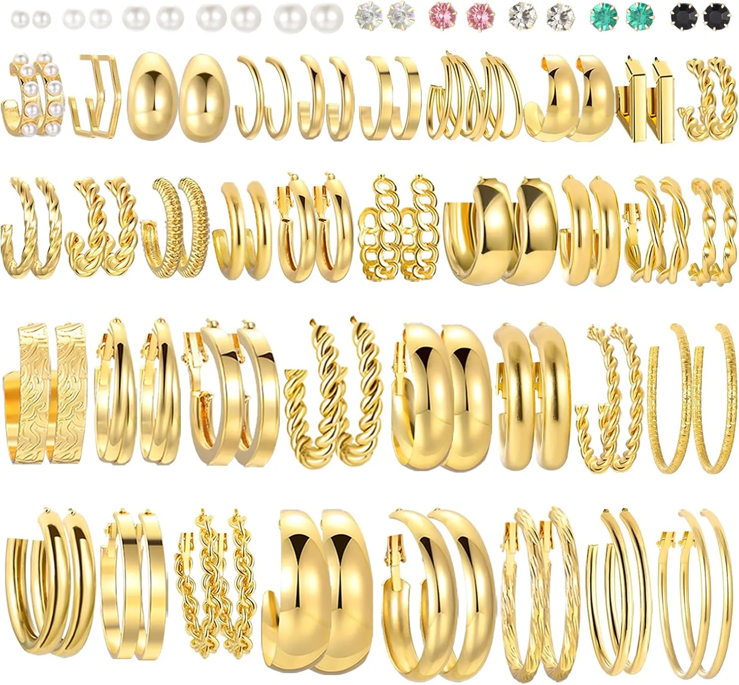 46 Pairs Gold Hoop Earrings Set for Women, Fashion Hypoallergenic Chunky Twisted Pearl Stud Earrings Multipack, Small Big Hoops Earring Packs Trendy for Christmas Birthday Party Jewelry Gift
