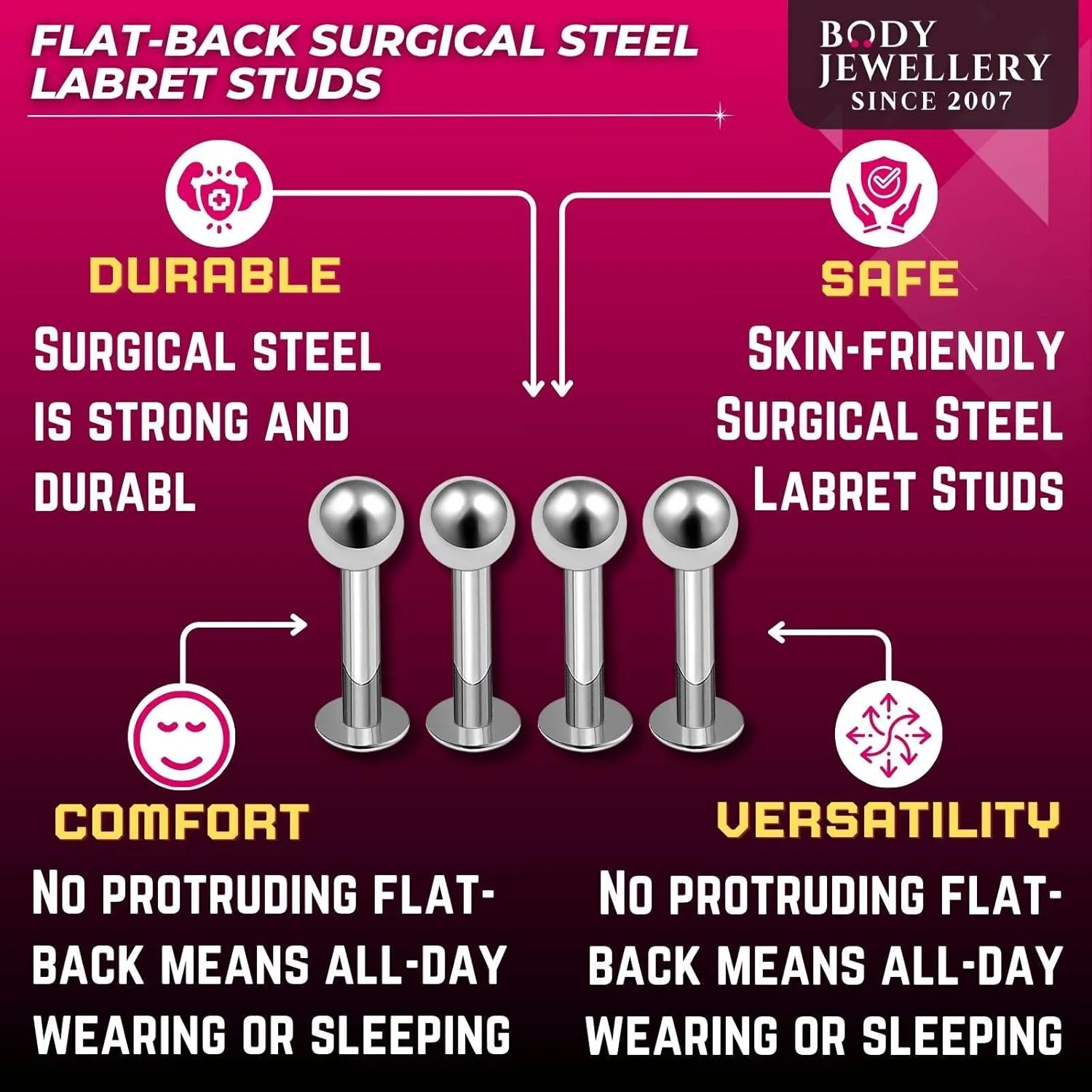 4pcs 14g Labret Studs Lip Ring Snake Spider Bite Forward Helix Monroe Dahlia Inner Conch Surgical Steel 4mm Ball Pick Size
