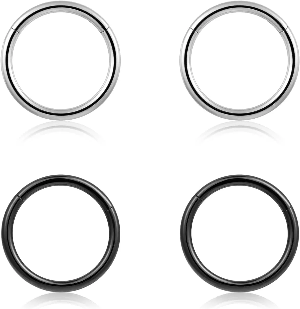 4Pcs 16G 18G 20G Surgical-Steel-Piercing-Ring-Nose-Rings-Hinged-Hoop-Earrings,6mm 8mm 10mm 12mm Seamless Stainless Steel Clicker Eyebrow Septum Piercing Hoop,Sliver Black Gold Rose Gold Rainbow Body Jewelry Set