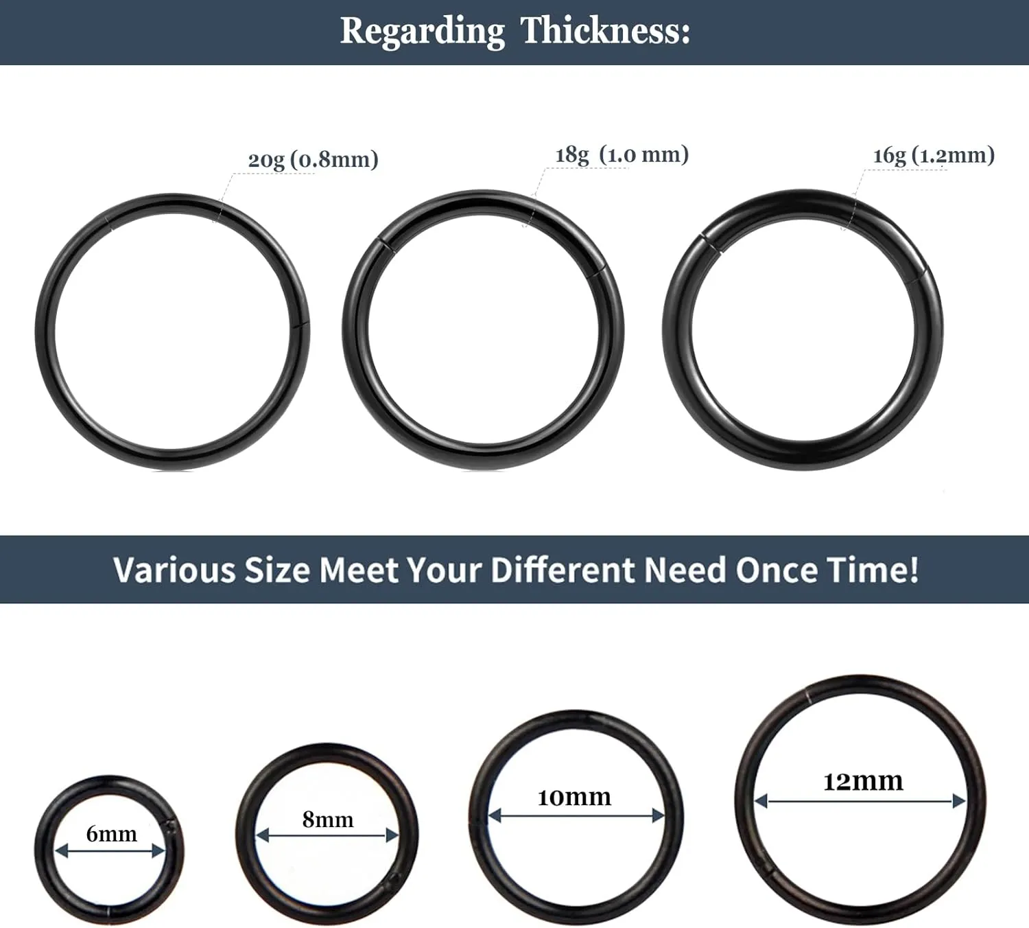 4Pcs 16G 18G 20G Surgical-Steel-Piercing-Ring-Nose-Rings-Hinged-Hoop-Earrings,6mm 8mm 10mm 12mm Seamless Stainless Steel Clicker Eyebrow Septum Piercing Hoop,Sliver Black Gold Rose Gold Rainbow Body Jewelry Set