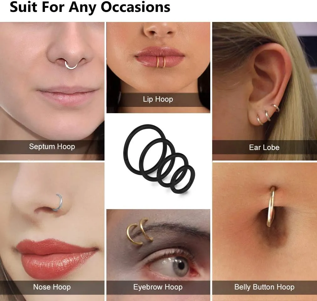 4Pcs 16G 18G 20G Surgical-Steel-Piercing-Ring-Nose-Rings-Hinged-Hoop-Earrings,6mm 8mm 10mm 12mm Seamless Stainless Steel Clicker Eyebrow Septum Piercing Hoop,Sliver Black Gold Rose Gold Rainbow Body Jewelry Set