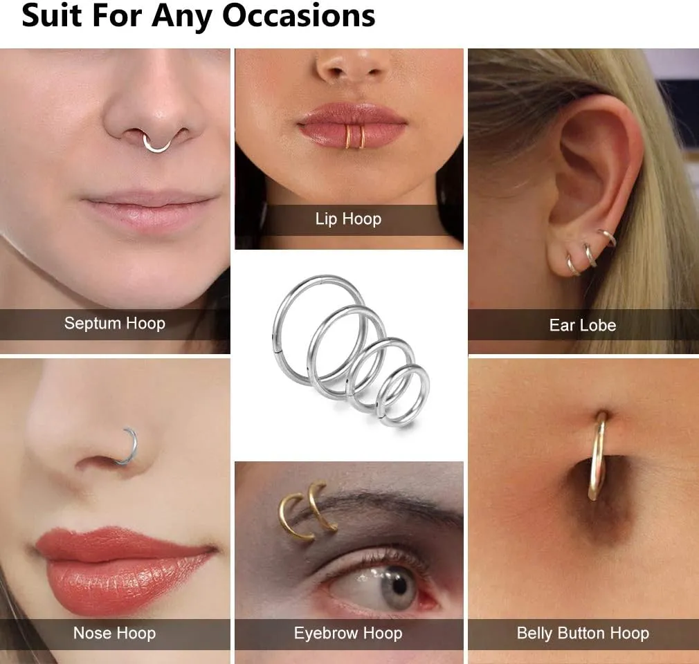 4Pcs 16G 18G 20G Surgical-Steel-Piercing-Ring-Nose-Rings-Hinged-Hoop-Earrings,6mm 8mm 10mm 12mm Seamless Stainless Steel Clicker Eyebrow Septum Piercing Hoop,Sliver Black Gold Rose Gold Rainbow Body Jewelry Set