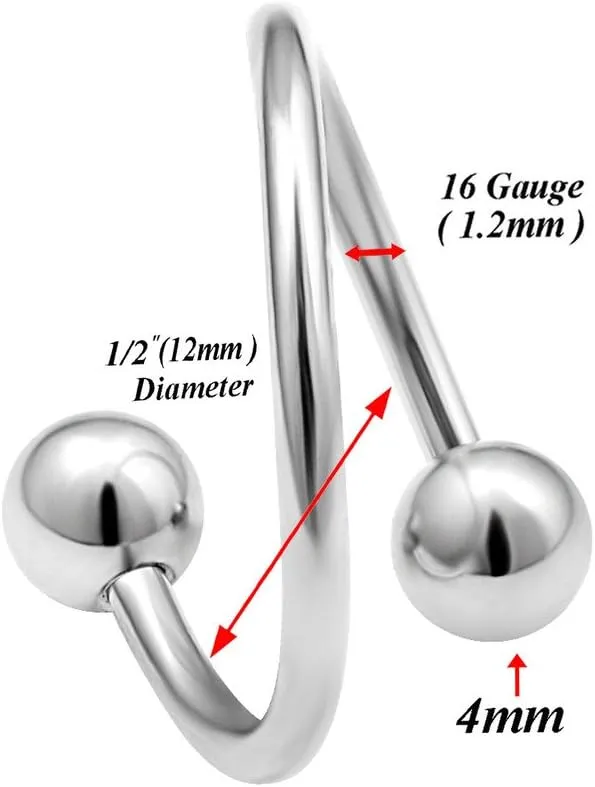 4pcs 16g Spiral Barbell Cartilage Earring Lip Tragus Eyebrow Hoop Helix Twisted Bar Surgical Steel Studs 4mm Balls Pick Size