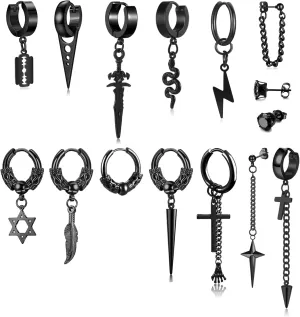 5 Pairs Punk Hip-hop Stainless Steel Black Dagger Geometric Triangle Cross Sword Dangle Surgical Huggie Hoop Earrings Set Gift for Men Women Teen