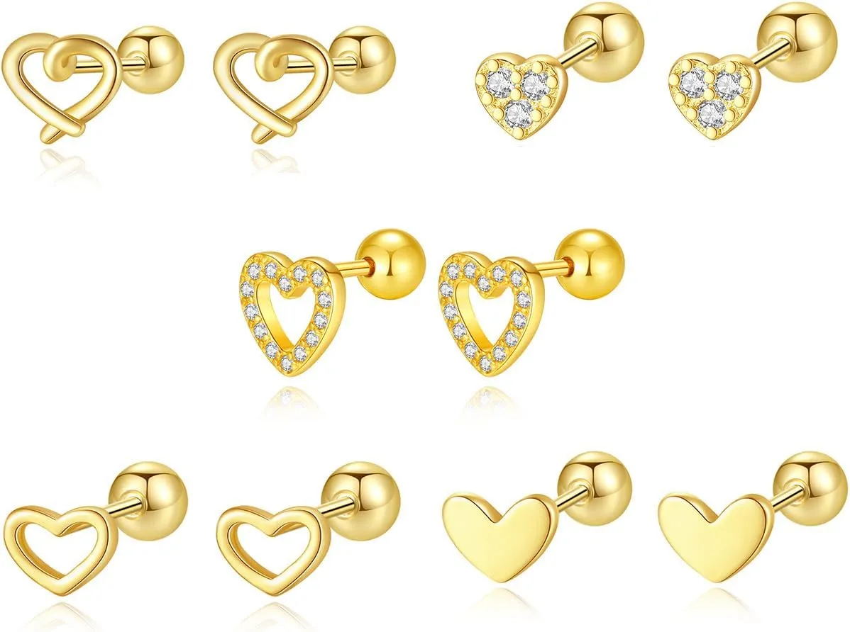 5 Pairs Tiny CZ Heart Stud Earrings for Women Silver Gold Plated Screw Back Cartilage Studs Love Hearted Earring Tragus Pierced Ear Wedding Jewelry