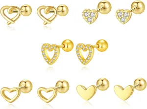 5 Pairs Tiny CZ Heart Stud Earrings for Women Silver Gold Plated Screw Back Cartilage Studs Love Hearted Earring Tragus Pierced Ear Wedding Jewelry