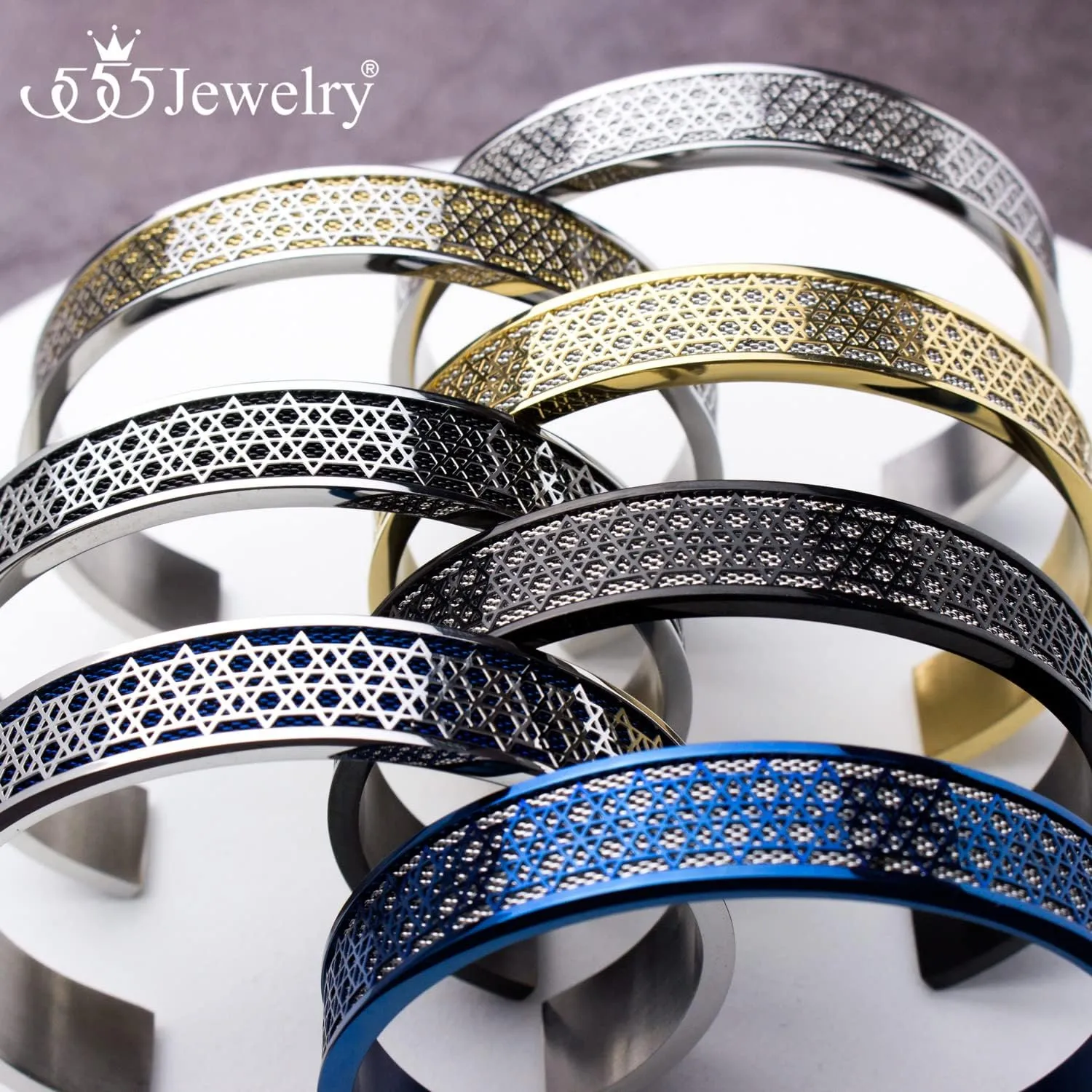 555Jewelry Exclusive Stainless Steel Star of David Open Cuff Bangle Bracelet for Men
