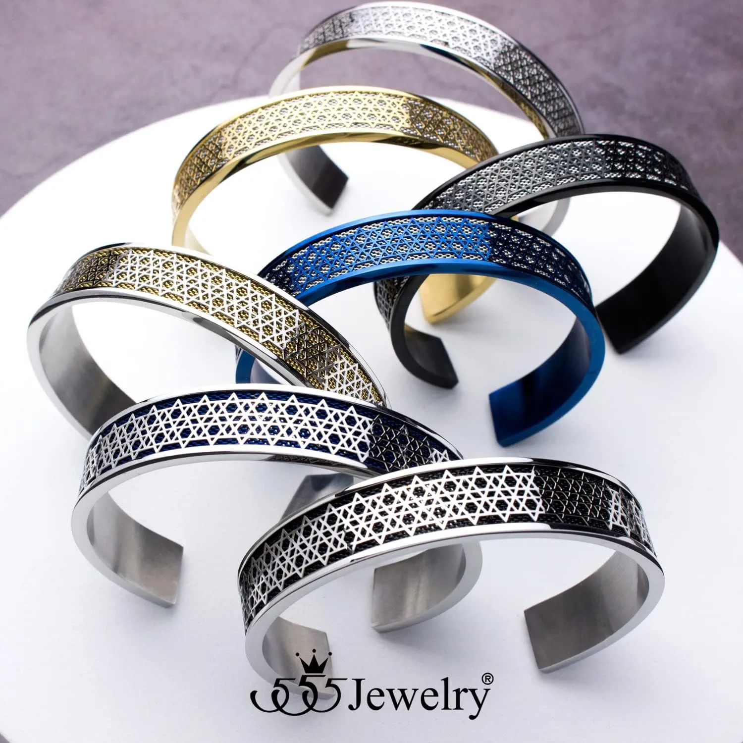 555Jewelry Exclusive Stainless Steel Star of David Open Cuff Bangle Bracelet for Men