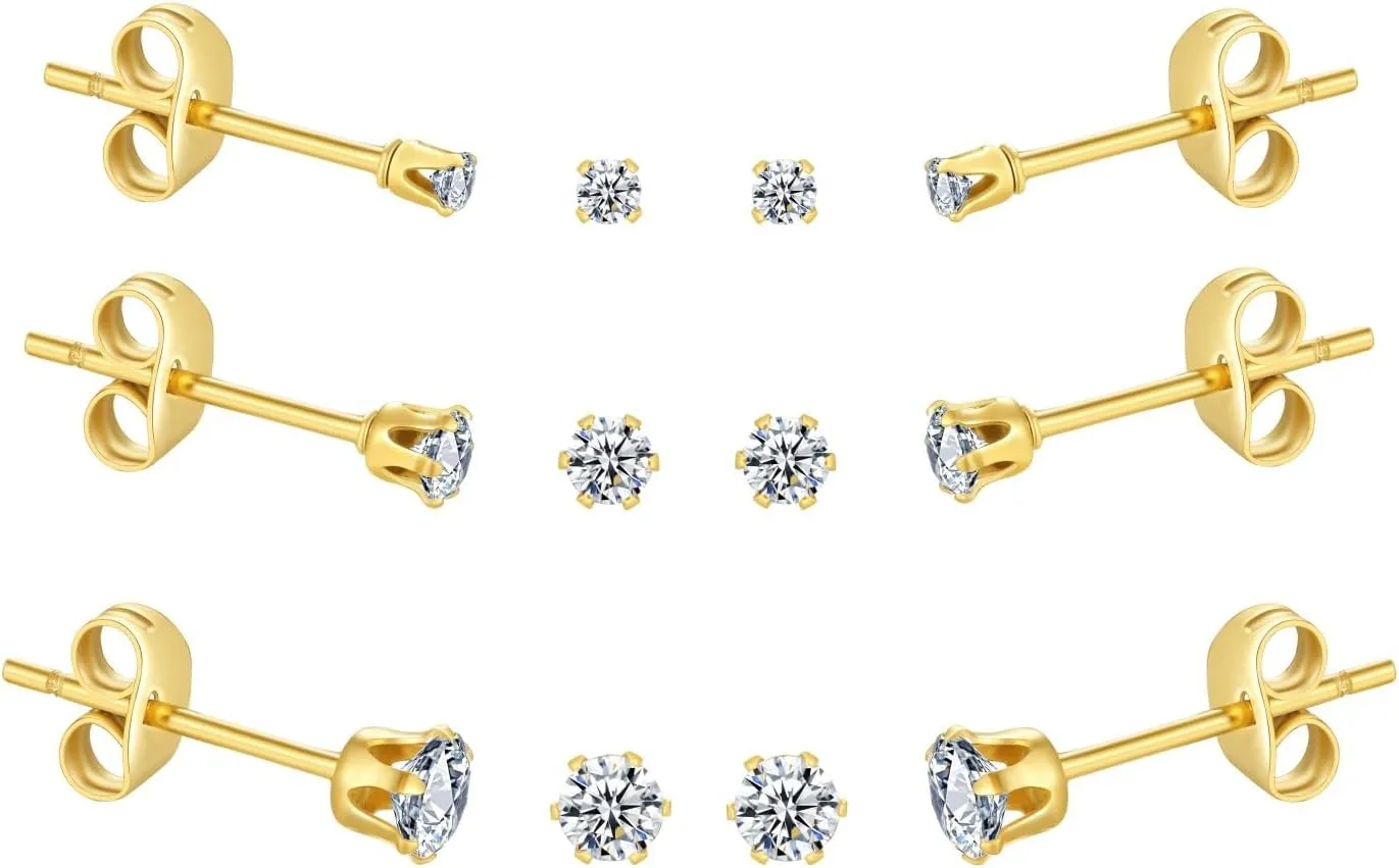 6-10 Pairs Tiny Women's Stainless Steel Round Clear Cubic Zirconia Stud Earrings, Hypoallergenic Surgical Steel Earrings Set, 2mm 3mm 4mm CZ,