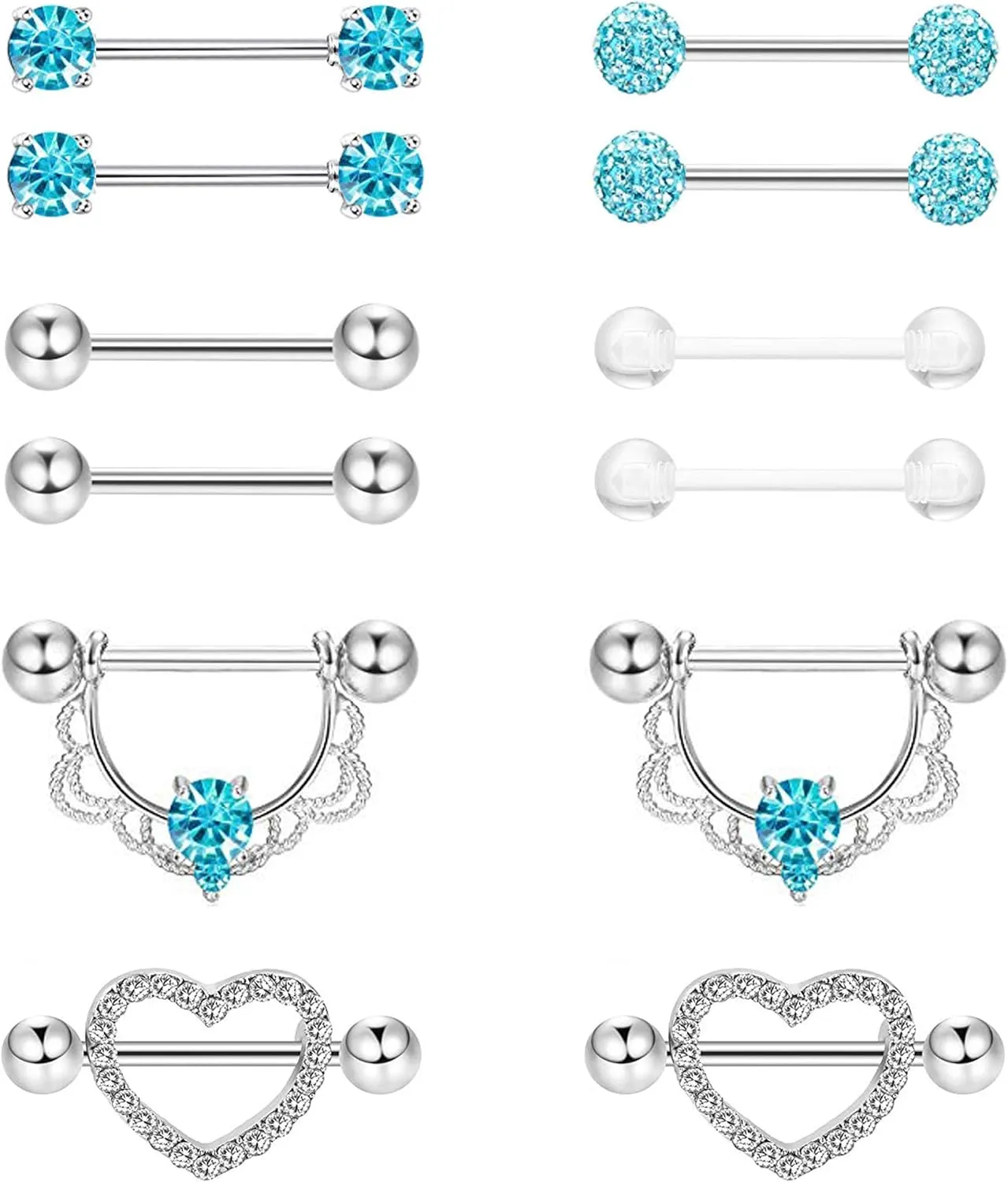 6 Pairs 14G 316L Stainless Steel Nipplerings Nipple Tongue Rings Women CZ Barbell Body Piercing Jewelry