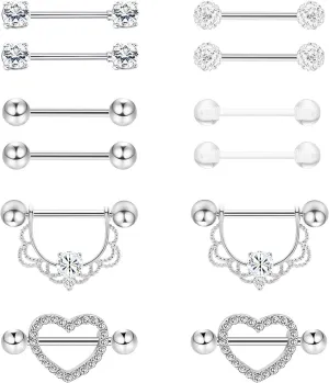 6 Pairs 14G 316L Stainless Steel Nipplerings Nipple Tongue Rings Women CZ Barbell Body Piercing Jewelry