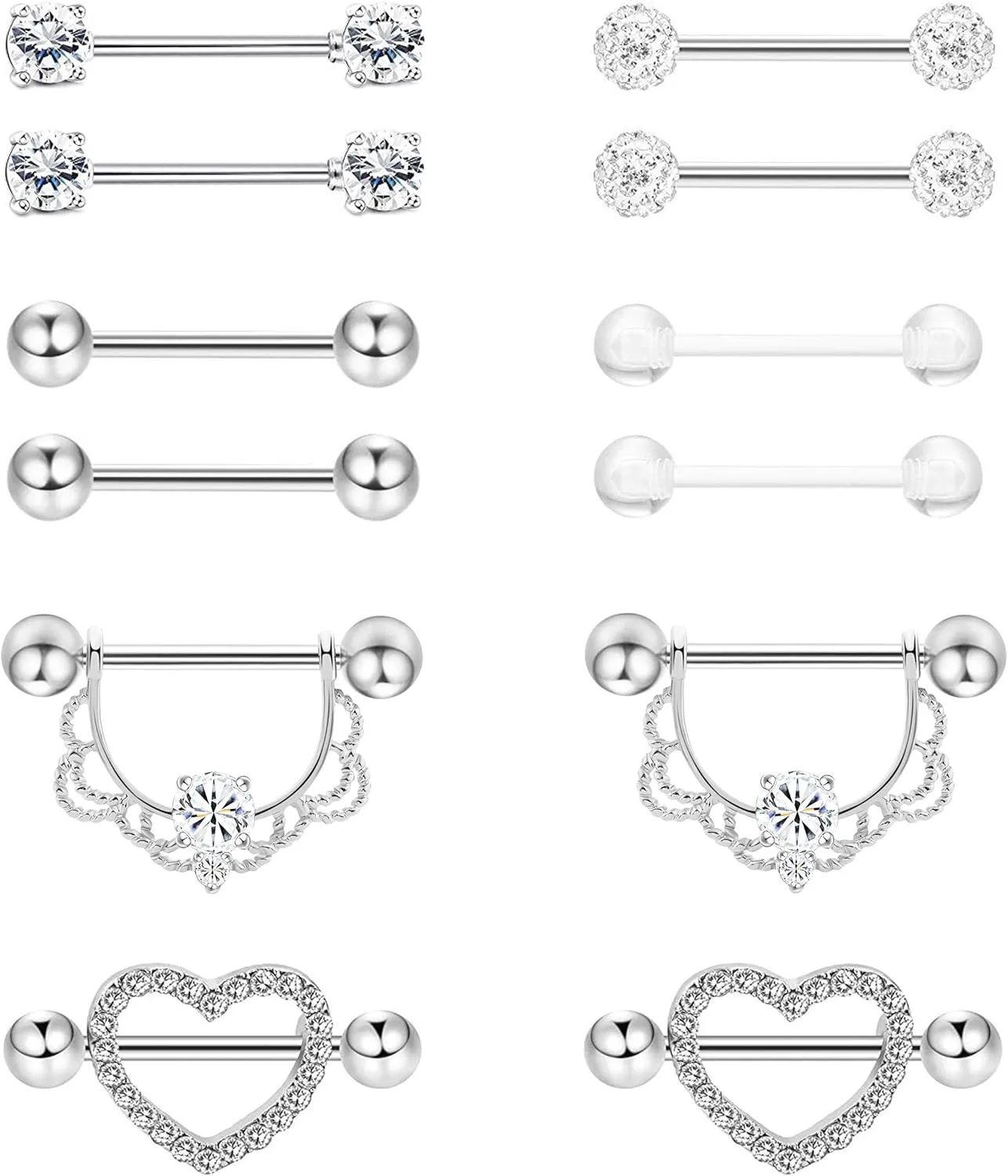 6 Pairs 14G 316L Stainless Steel Nipplerings Nipple Tongue Rings Women CZ Barbell Body Piercing Jewelry