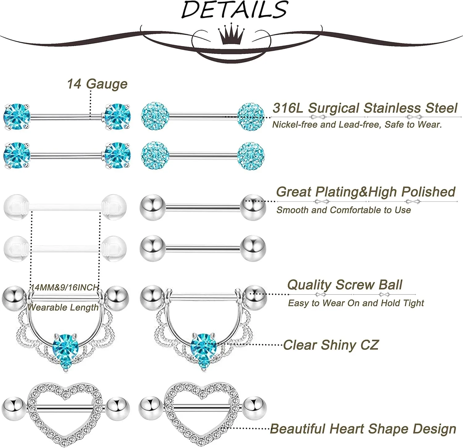 6 Pairs 14G 316L Stainless Steel Nipplerings Nipple Tongue Rings Women CZ Barbell Body Piercing Jewelry
