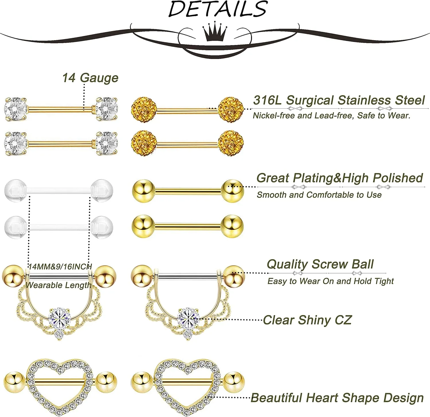 6 Pairs 14G 316L Stainless Steel Nipplerings Nipple Tongue Rings Women CZ Barbell Body Piercing Jewelry