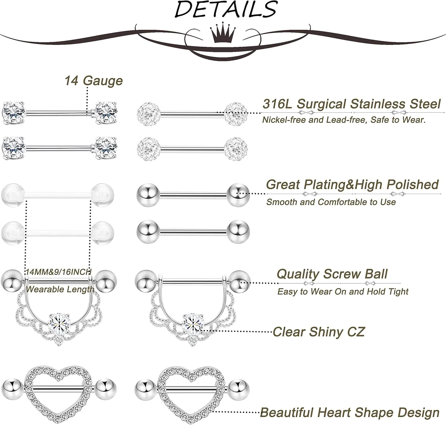 6 Pairs 14G 316L Stainless Steel Nipplerings Nipple Tongue Rings Women CZ Barbell Body Piercing Jewelry