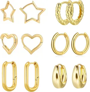 6 Pairs Gold Hoop Earrings for Women,14K Gold Plated Lightweight Chunky Hoop Earrings,Twisted Huggie Hoops Earring Set Hypoallergenic Jewelry for Gifts