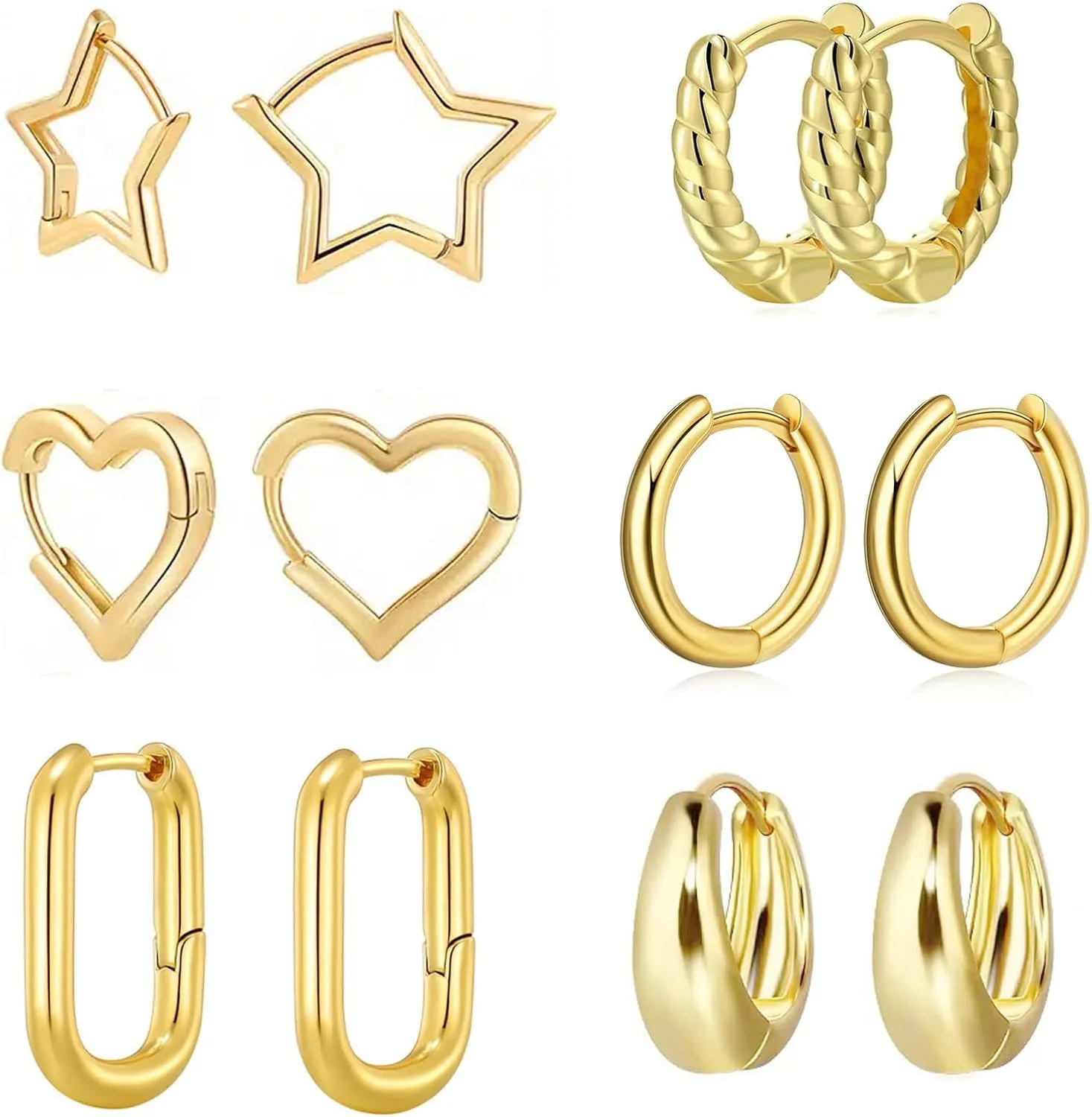 6 Pairs Gold Hoop Earrings for Women,14K Gold Plated Lightweight Chunky Hoop Earrings,Twisted Huggie Hoops Earring Set Hypoallergenic Jewelry for Gifts