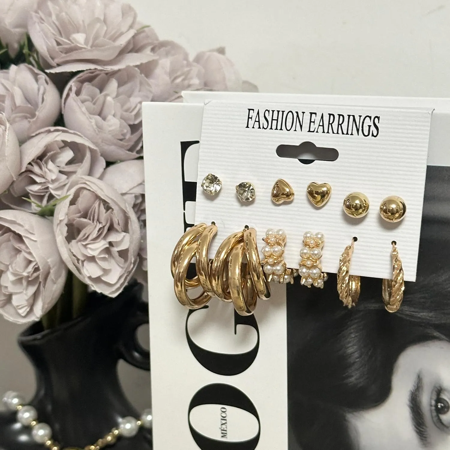 6 Pairs Small Gold Hoop Earrings Set for Women 14K Gold Plated Lightweight Huggie Hoops Hypoallergenic Pearl Dainty Stud Hoop Earrings for Gift