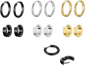 6 Pairs Stainless Steel Small Hoop Earrings Set for Men Women Hypoallergenic Lightweight Huggie Hoops Earrings Ear Piercing Jewelry for Women Men Silver Black Gold