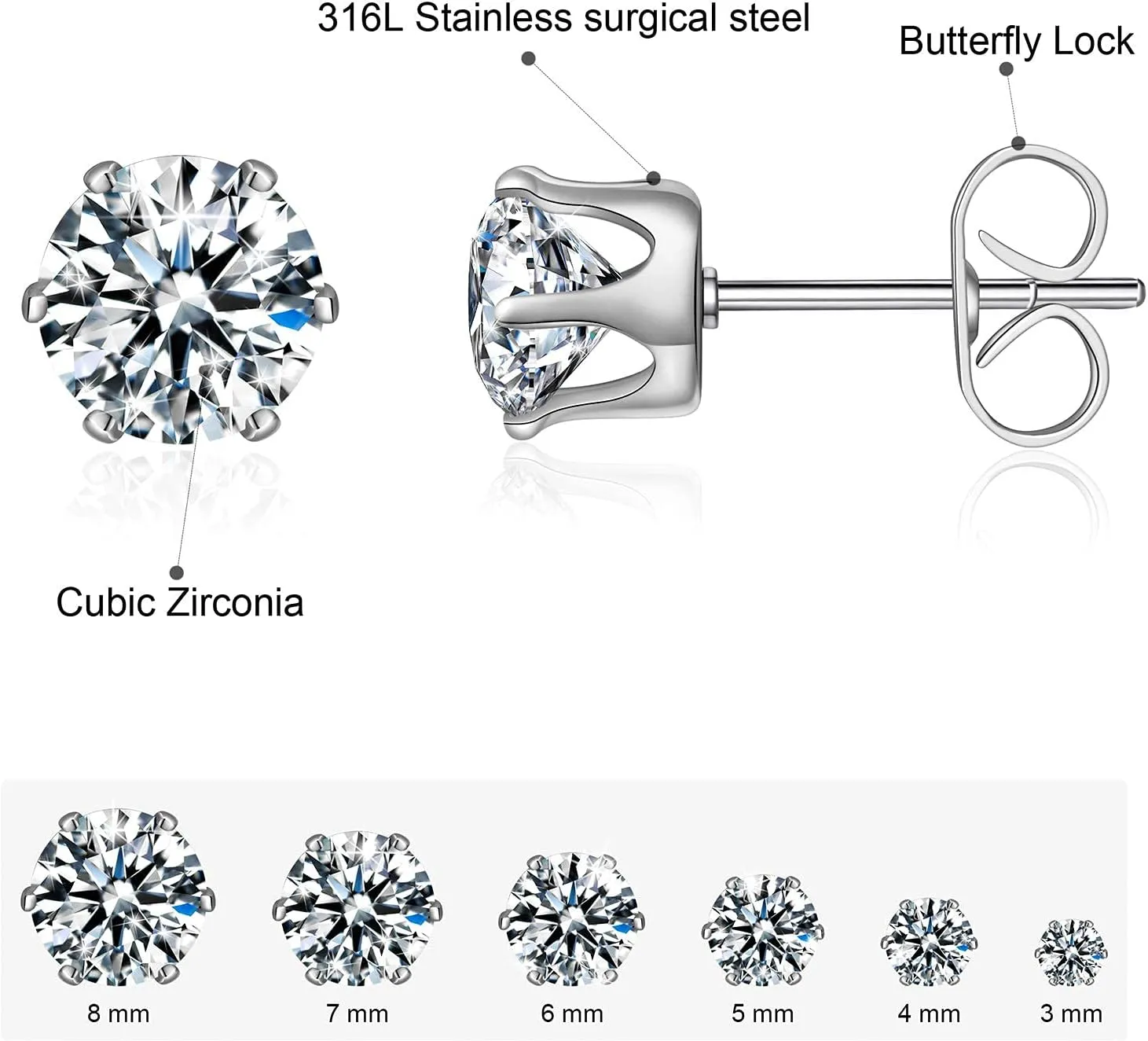 6 Pairs Stud Earrings Set,Clear Cubic Zirconia 316L Stainless Steel Earrings for Women Men 3-8mm